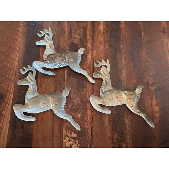 Set Of 3 Vintage-Style Silver/Gold Tone Reindeer Wall Decor Metal Christmas Deco - Picture 1 of 4
